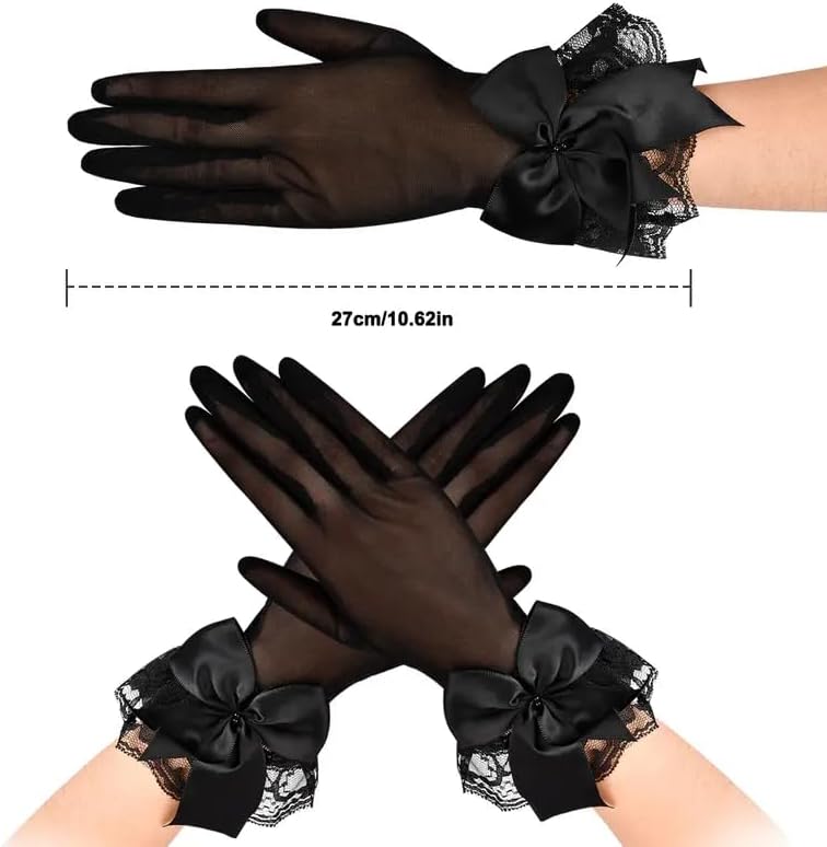 Amazleer Short Lace Mesh Gloves Tulle Border with Bow Wedding Funeral Opera Tea Party Gloves for Women - Image 4
